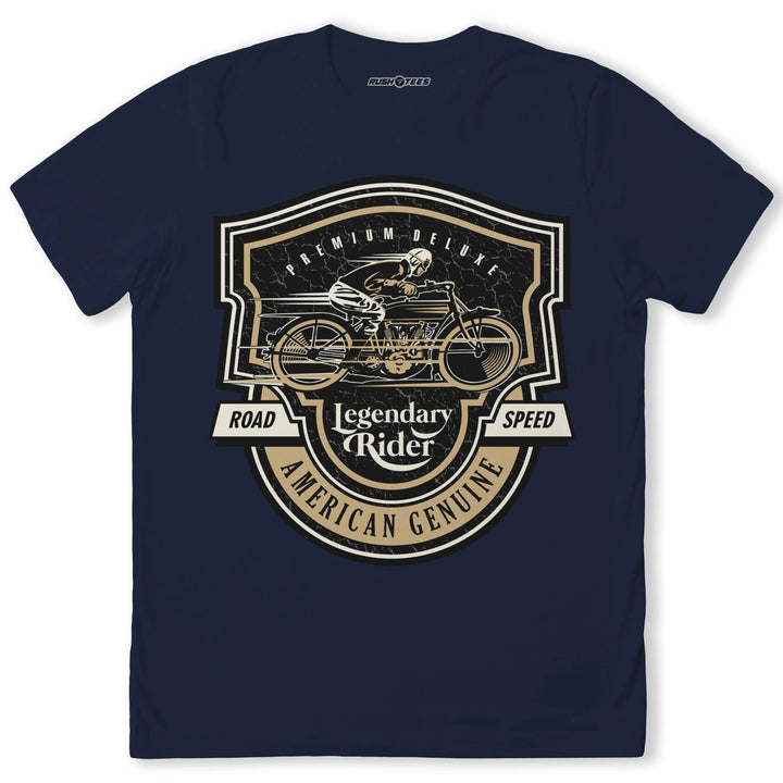 Legendary Rider T-shirt featuring vintage motorcycle design and bold emblem, perfect for motorcycle enthusiasts and chopper lovers.
