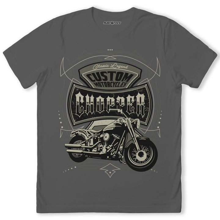 Chopper graphic tee featuring classic motorcycle design and bold text, perfect for motorcycle enthusiasts and bikers.