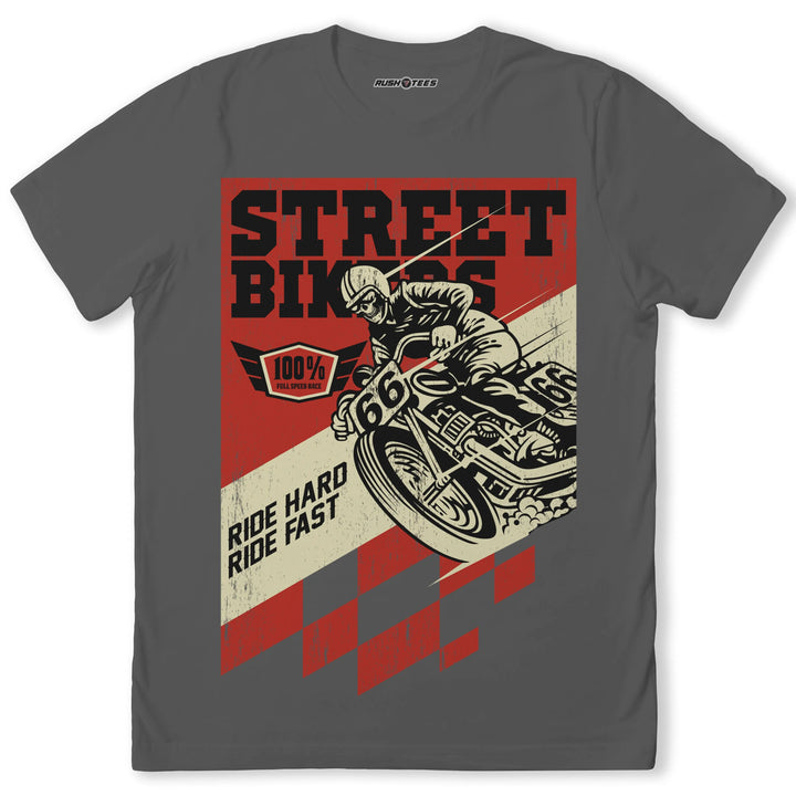 Street Bikers graphic t-shirt featuring a vintage motorcycle racer and bold slogan 'Ride Hard, Ride Fast', perfect for biker enthusiasts.