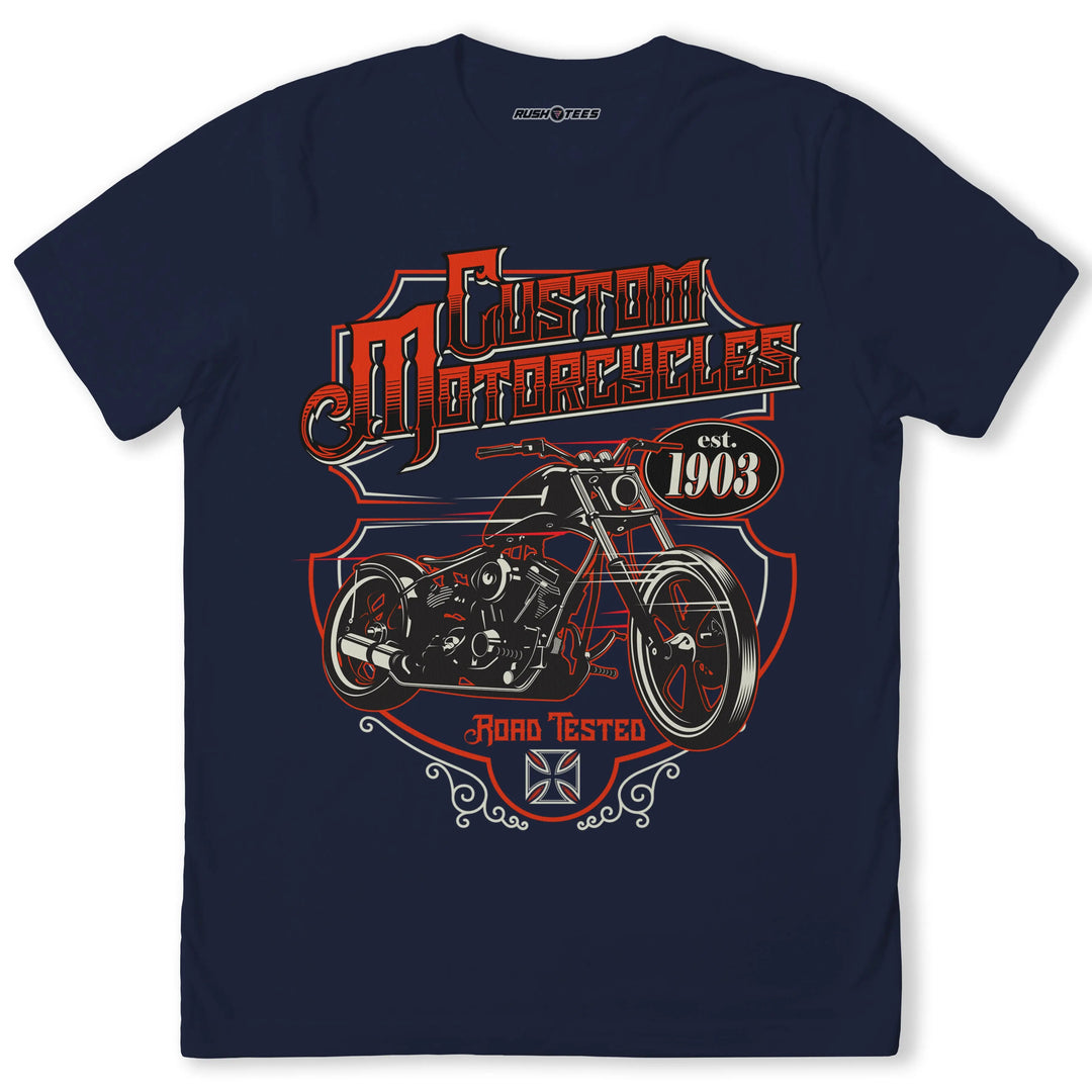 Custom Motorcycles graphic t-shirt featuring a bold bike design, perfect for motorcycle enthusiasts and vintage style lovers.