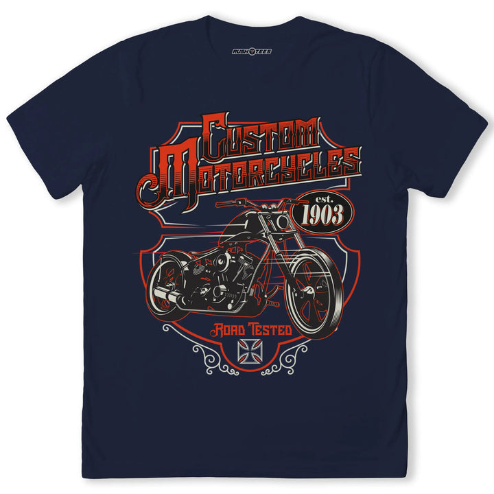 Custom Motorcycles graphic t-shirt featuring a bold bike design, perfect for motorcycle enthusiasts and vintage style lovers.