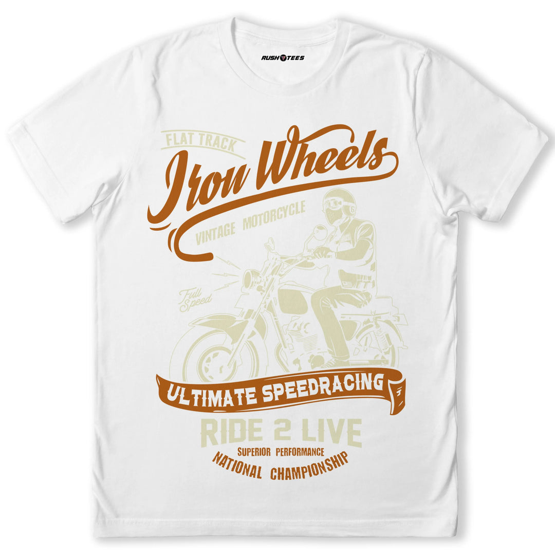 Iron Wheels white biker t-shirt featuring vintage motorcycle graphic and bold typography for motorcycle enthusiasts.