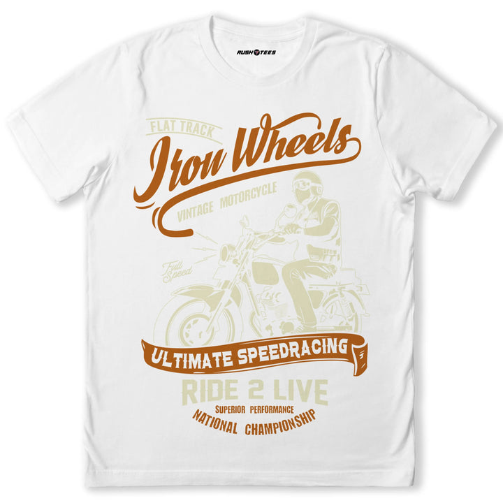 Iron Wheels white biker t-shirt featuring vintage motorcycle graphic and bold typography for motorcycle enthusiasts.